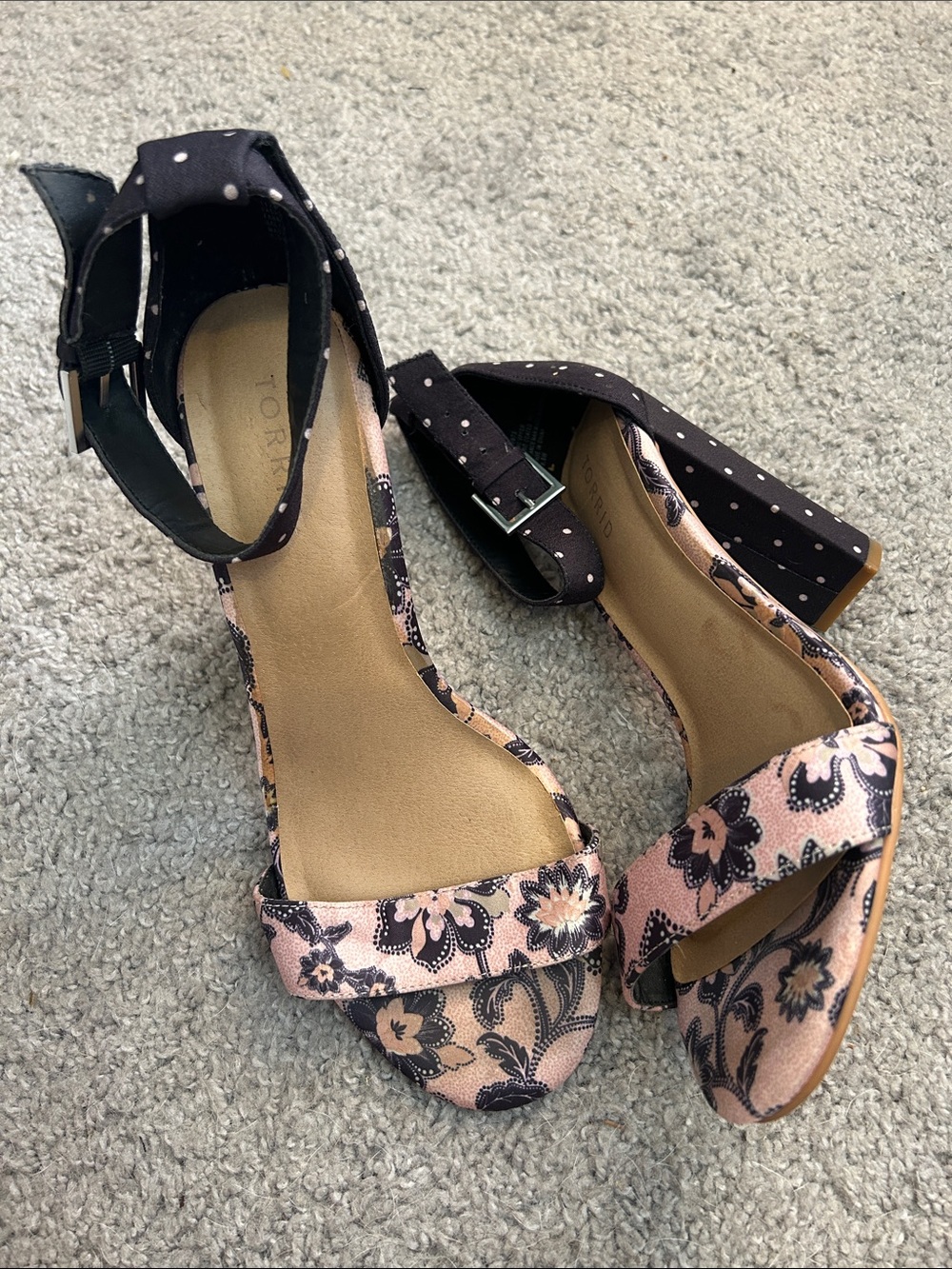 Torrid Floral Pink and Black Ankle-Strap Block Heels - Size 8.5W